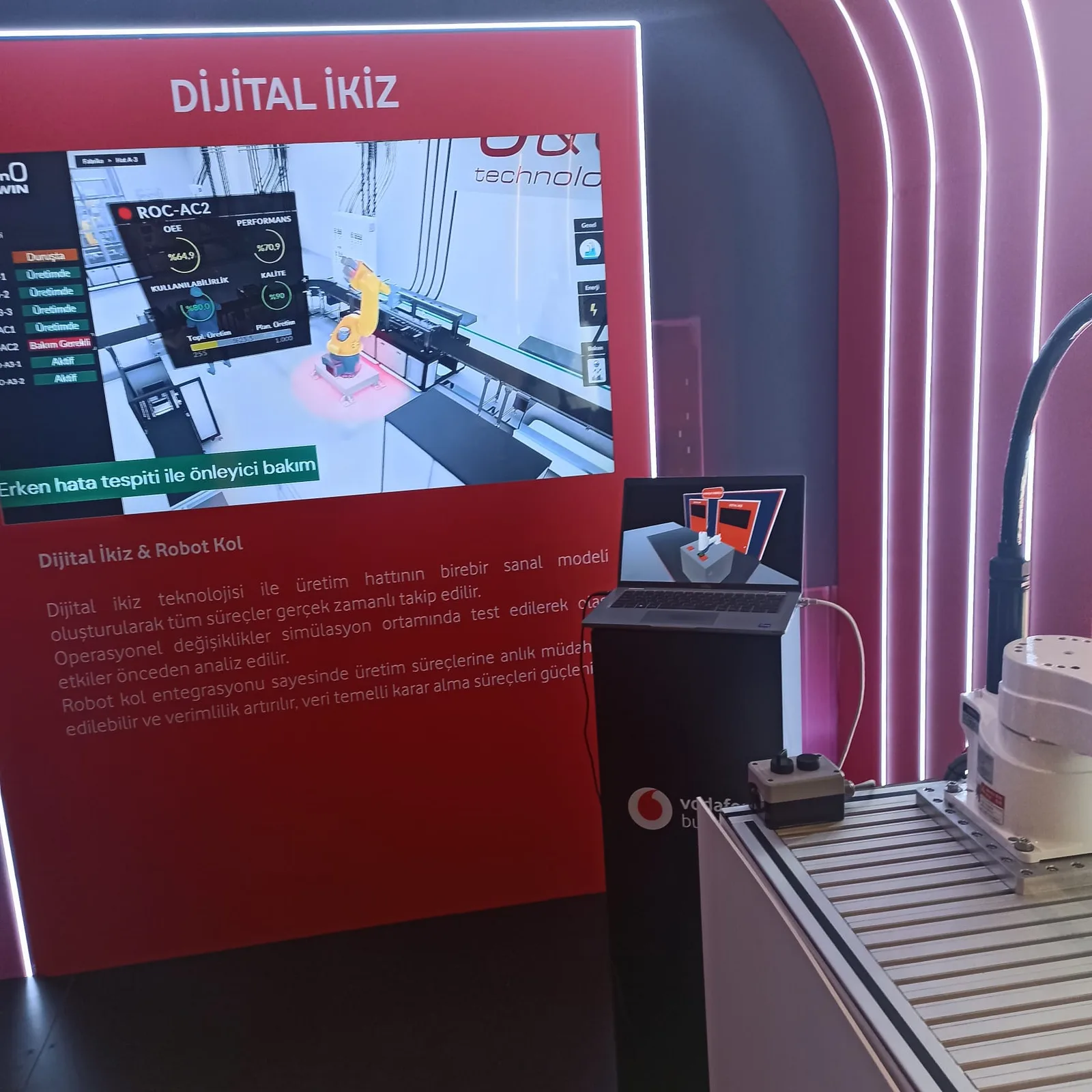 Vodafone Business standında dijital ikiz ekranı — OEE göstergeleri ve yanında fiziksel robot kol