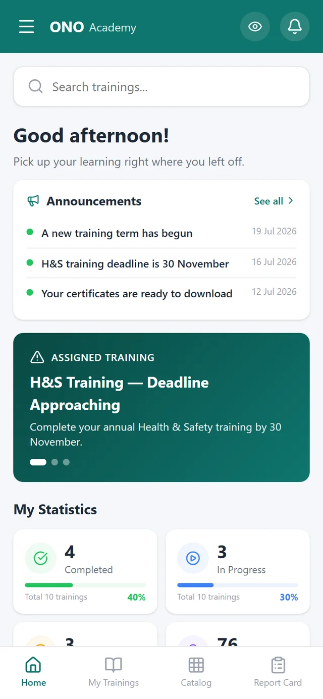 OnoAkademi mobile dashboard — assigned courses and progress
