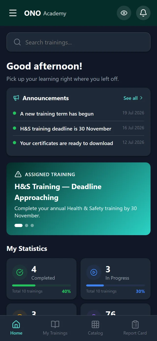 OnoAkademi employee dashboard (dark theme) — assigned courses and progress