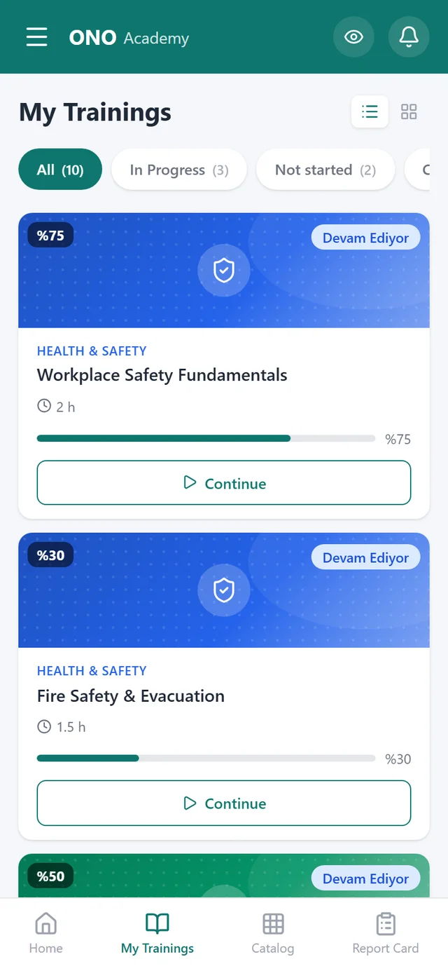 OnoAkademi My Courses — assigned trainings, completion, and status