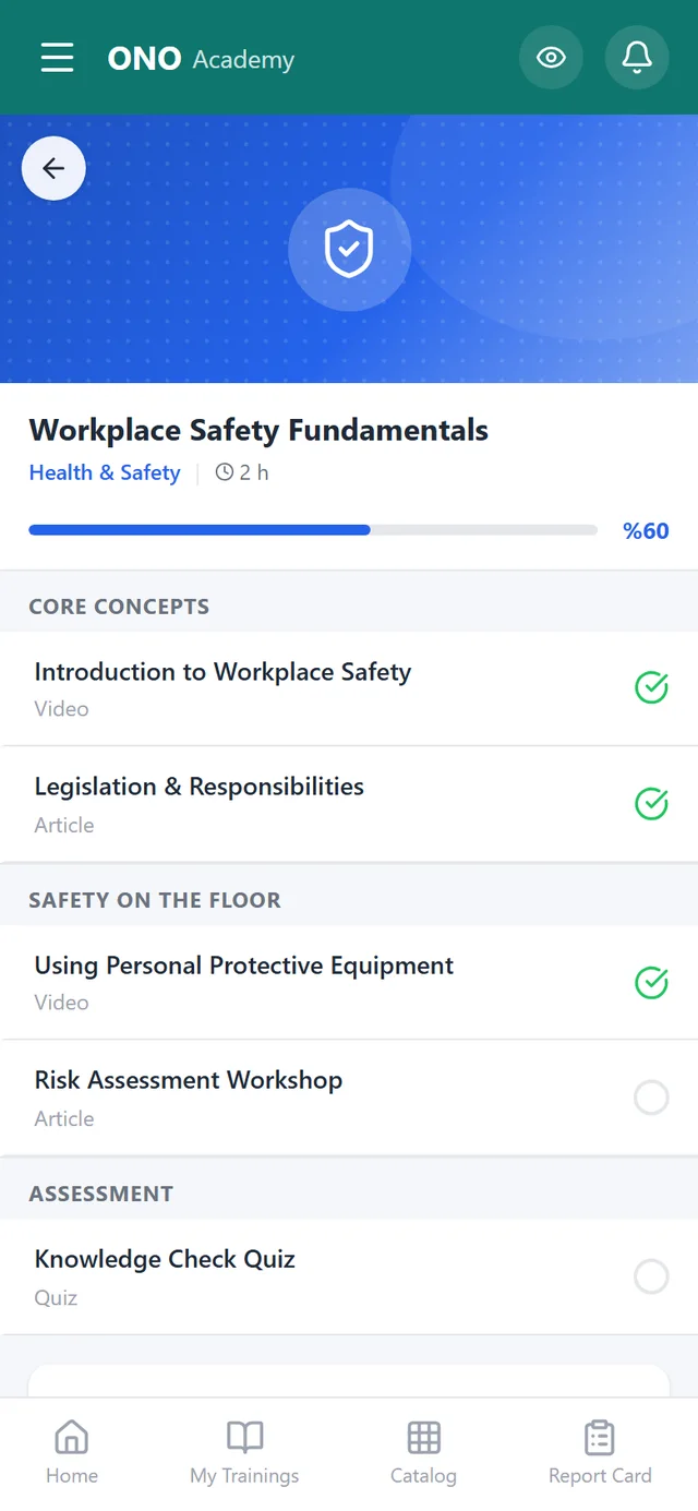 OnoAkademi course detail — video modules, documents, and an assessment exam