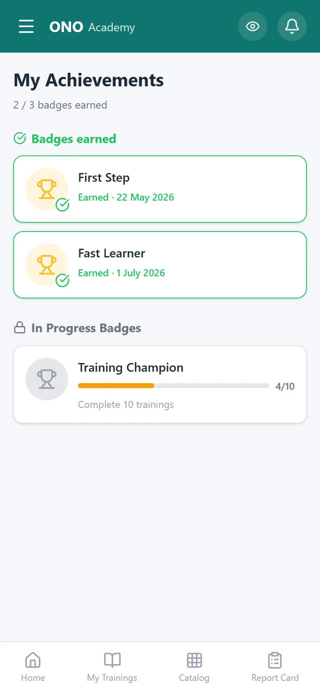 OnoAkademi achievements — earned badges and training milestones