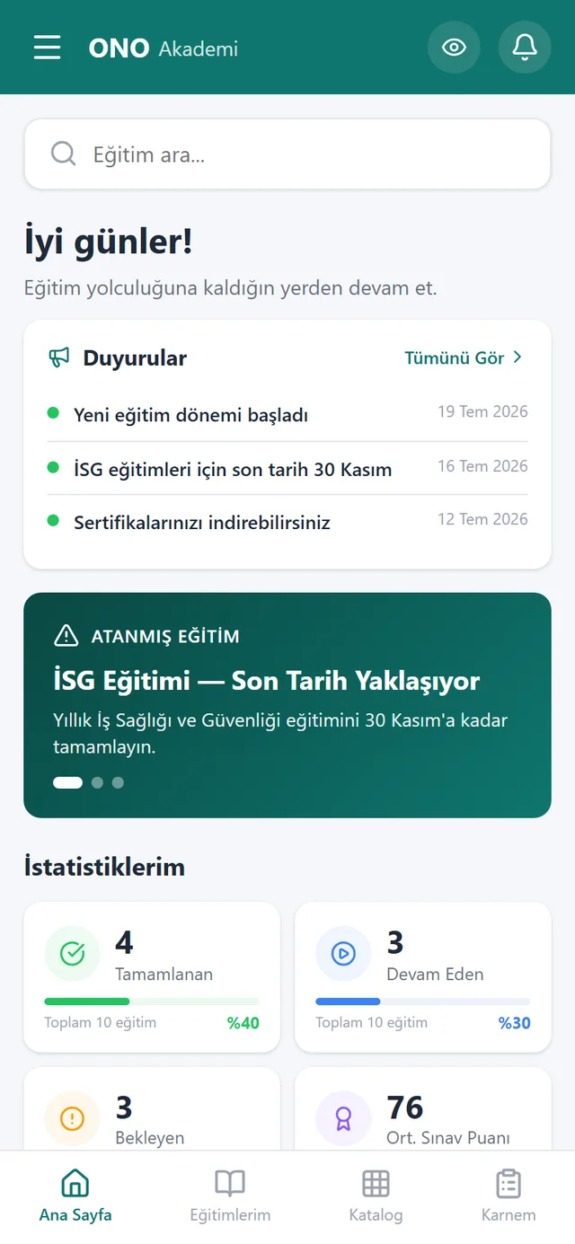 OnoAkademi mobil panel — atanan eğitimler ve ilerleme