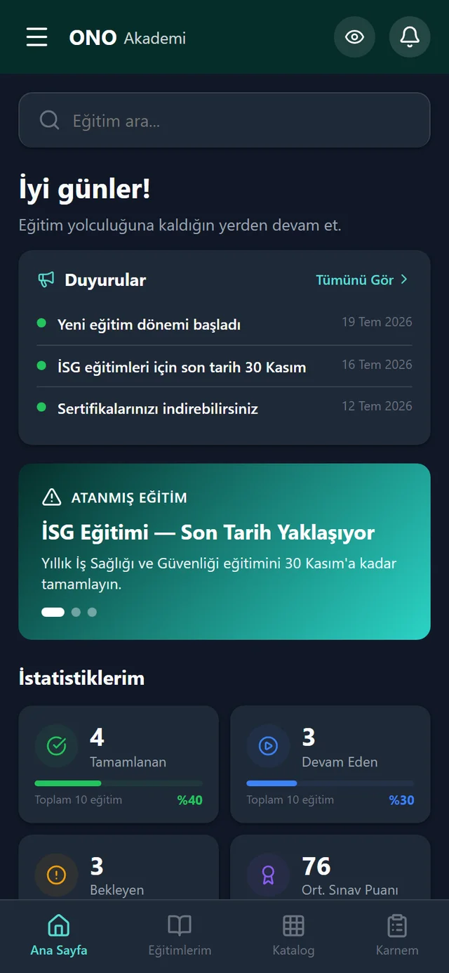 OnoAkademi mobil panel — atanan eğitimler ve ilerleme