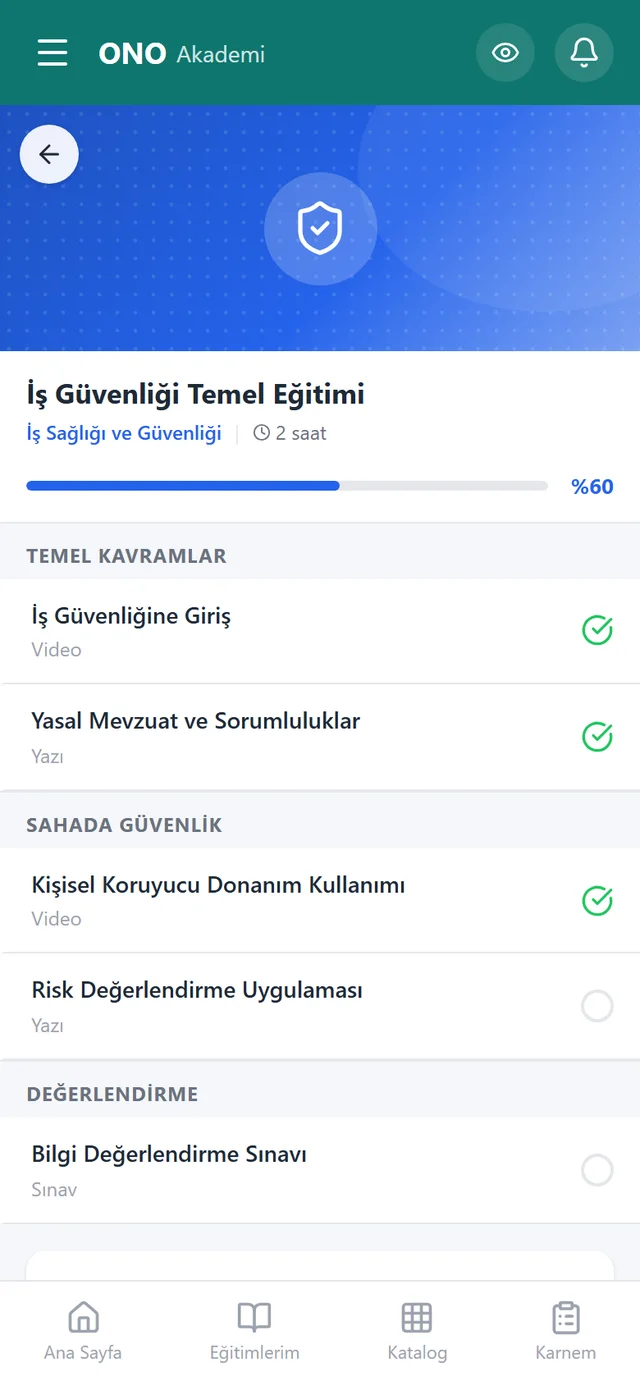 OnoAkademi eğitim detayı — video modüller, dokümanlar ve değerlendirme sınavı