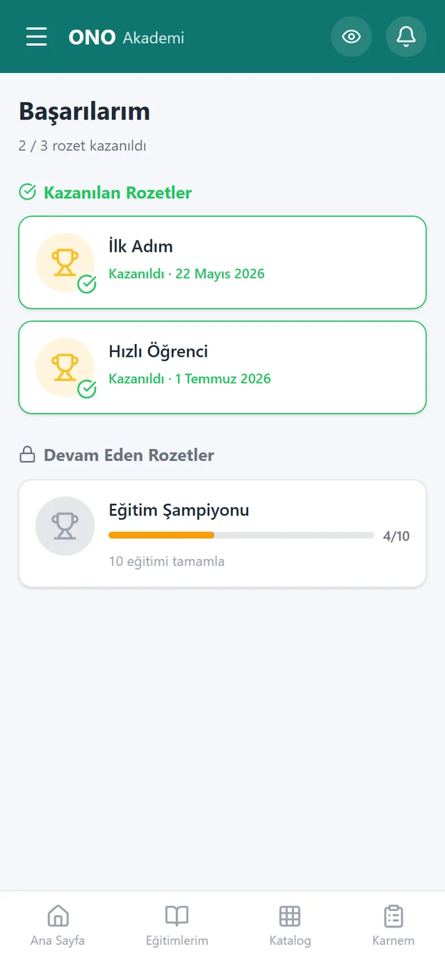 OnoAkademi başarımlar — kazanılan rozetler ve eğitim kilometre taşları