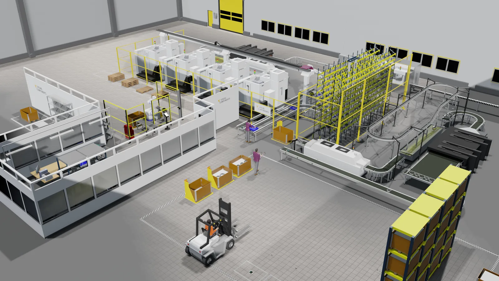 Visual Components ile modellenmiş tam fabrika yerleşimi — CNC hücreleri, depo rafları, konveyör hatları ve operatörler